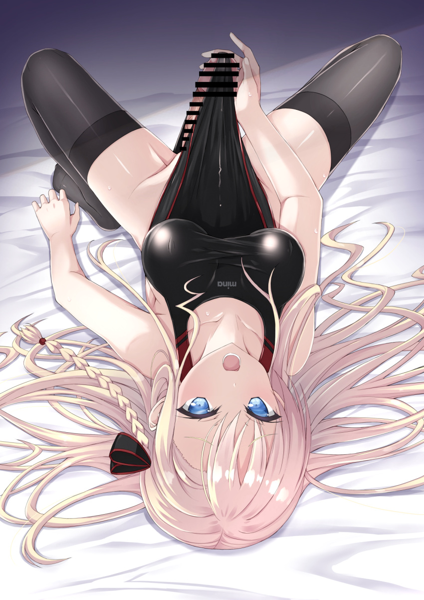 1futa bar_censor big_breasts big_penis black_legwear black_stockings blonde_hair blue_eyes breasts censored clothed clothing erection erection_under_clothes erection_under_swimsuit futa_only futanari high_school_fleet human legwear light-skinned_futanari light_skin long_hair looking_at_viewer masturbation mitarai_eriya mostly_clothed on_back penis penis_under_clothes penis_under_swimsuit solo stockings sweat swimsuit wilhelmina_braunschweig_ingenohl_friedeburg