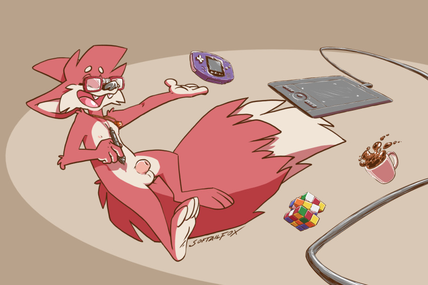 balls barefoot beverage big_feet big_hands big_tail broken_glasses canid canine drawing_tablet eyewear feet flaccid fluffy fluffy_tail foreskin fox fur gameboy_advance gem genitals glasses head_tuft jewelry male mammal necklace nintendo nipples nude_male pendant penis red_body red_fox red_fur rubik&#039;s_cube short short_male small_penis soft_penis softailfox solo stylus tea toony tuft video_games