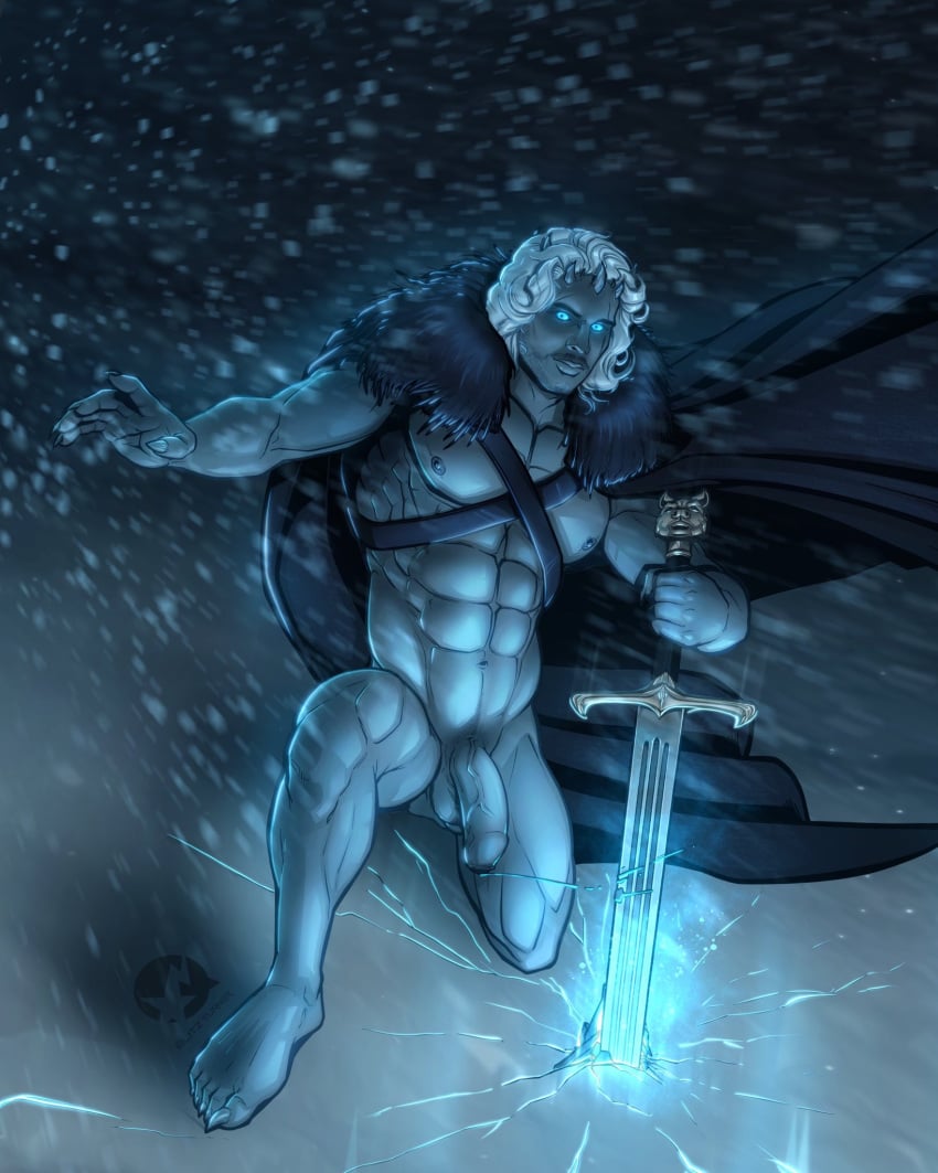 actor blitzturner cape_only celebrity character_mashup flaccid flaccid_penis game_of_thrones glowing_eyes halloween in_character jon_snow kit_harington male male_only muscles muscular muscular_male night_king outdoors outside snow sword uncut veiny_penis