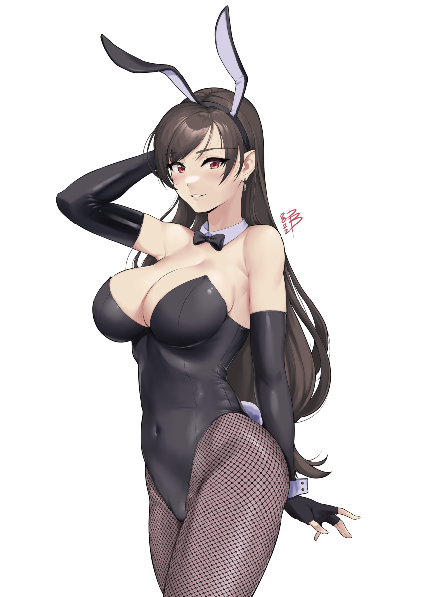 black_gloves black_hair blush bunny_ears bunnysuit cleavage damodar elbow_gloves female final_fantasy final_fantasy_vii fingerless_gloves large_breasts leotard long_hair looking_at_viewer red_eyes solo standing tifa_lockhart