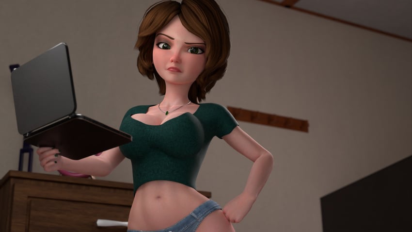 1girls 3d 3d_(artwork) annoyed aunt big_breasts big_hero_6 blender brown_hair busty cass_hamada cleavage clothing computer curvy_female denim denim_shorts digital_media_(artwork) disney electronics eyebrows eyelashes female female_only fit fit_female fully_clothed hand_on_hip hourglass_figure human human_only laptop large_breasts light-skinned_female light_skin marvel marvel_comics mature mature_female midriff milf navel neckwear redmoa shirt short_hair solo solo_female tagme top_heavy upper_body voluptuous waist wide_hips