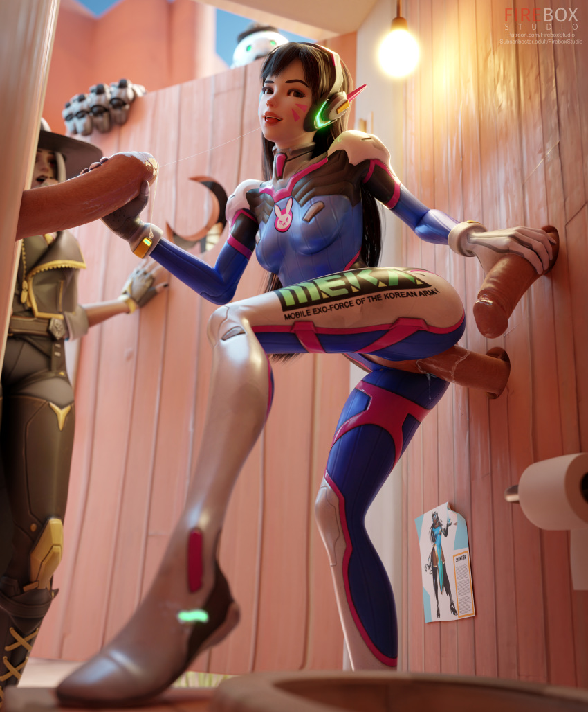 2girls 3boys 3d ashe_(overwatch) blizzard_entertainment bob_(overwatch) cum d.va fireboxstudio glory_hole hana_song overwatch suit unseen_male_face