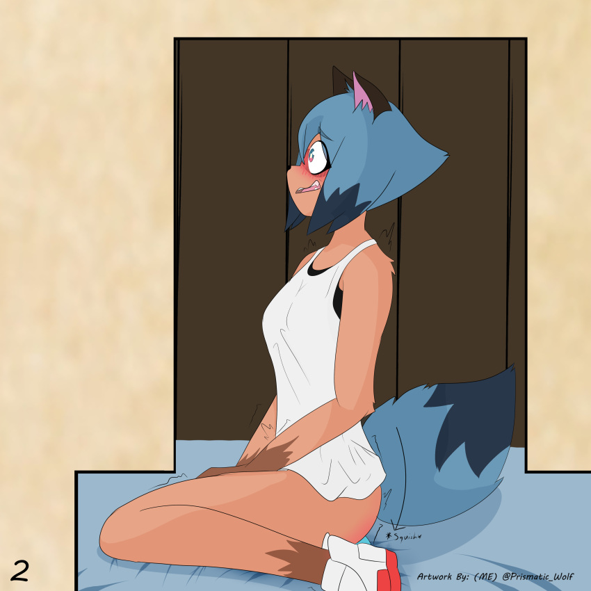 absurd_res ambiguous_penetration anthro blue_hair bodily_fluids brand_new_animal canid canine clothing dildo dildo_sitting embarrassed female footwear genital_fluids hair hi_res hiding_object kneeling mammal masturbation michiru_kagemori nervous_smile pantsless penetration prismatic_wolf pulling_shirt_down raccoon_dog sex_toy shaking shirt shoes solo studio_trigger tank_top tanuki topwear