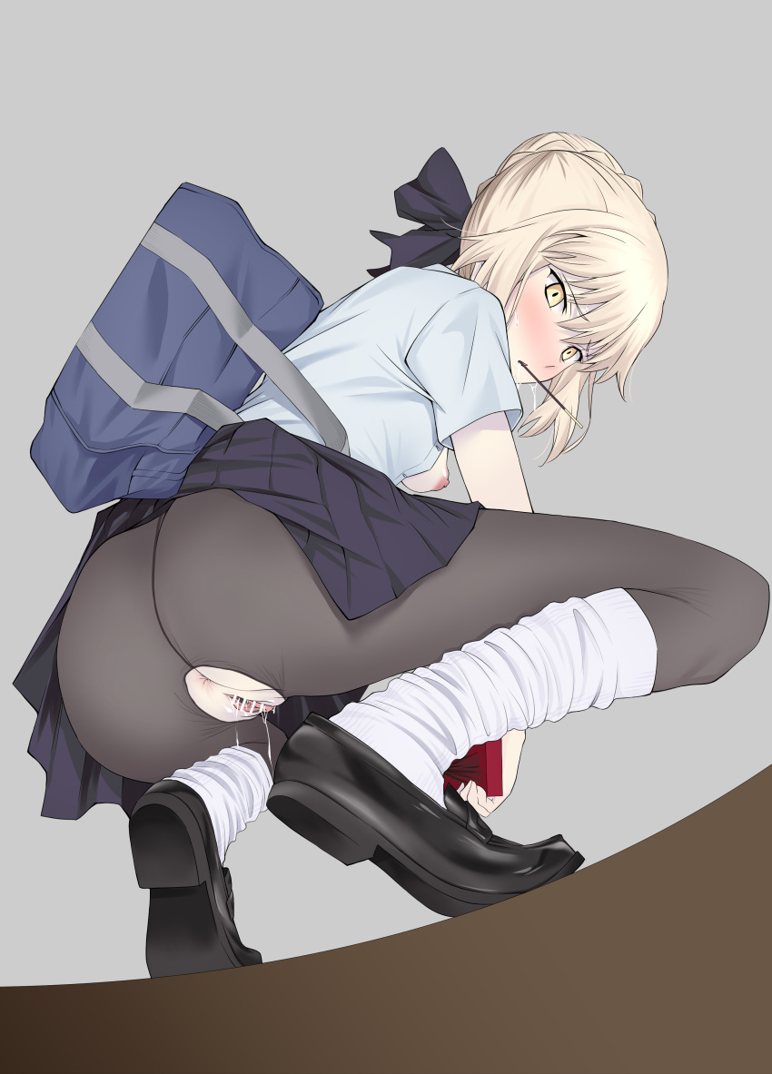 alternate_costume anus artoria_pendragon_(fate) bag black_footwear black_pantyhose black_ribbon blonde_hair blue_shirt blue_skirt braid fate/stay_night fate_(series) female food french_braid full_body hair_bun hair_ribbon kneehighs loafers looking_at_viewer loose_socks miniskirt mouth_hold no_panties pantyhose pleated_skirt pocky pussy pussy_juice ribbon saber_alter school_bag school_uniform shirt shoes short_sleeves single_hair_bun skirt socks socks_over_pantyhose solo squatting torn_clothes underwear white_panties white_pantyhose white_socks yellow_eyes yoshiki360