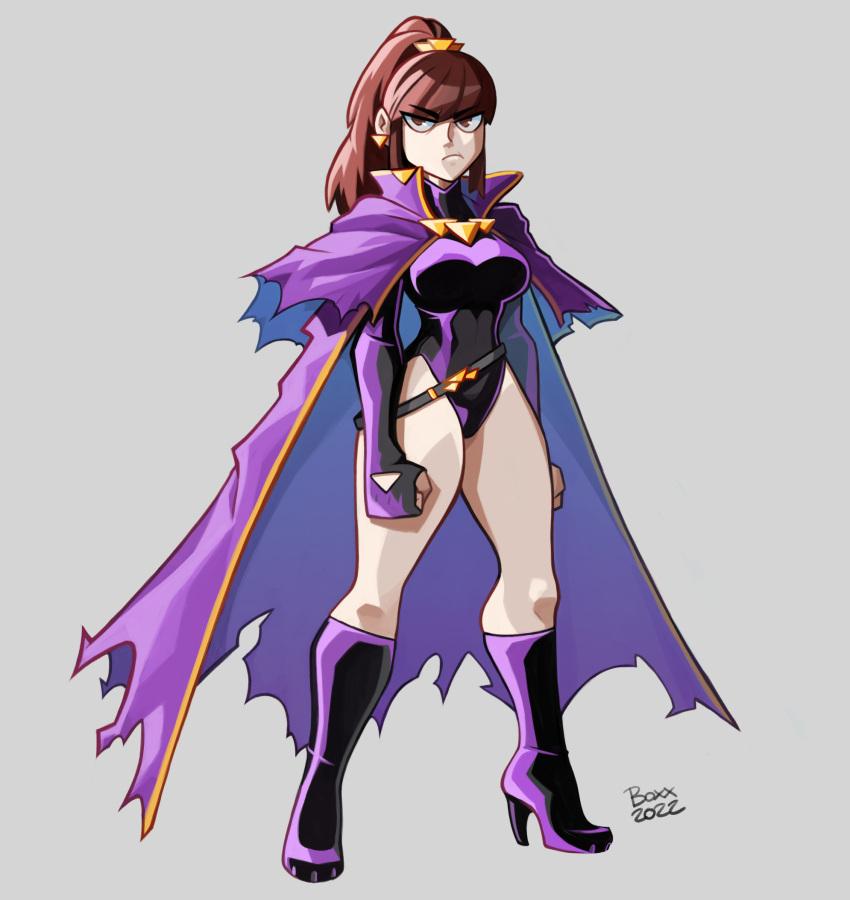 big_breasts boots boxx_wrench breasts brown_hair cape clothing color colored female grey_background heels ponytail simple_background solo superhero_costume tagme yuki_(boxx_wrench)