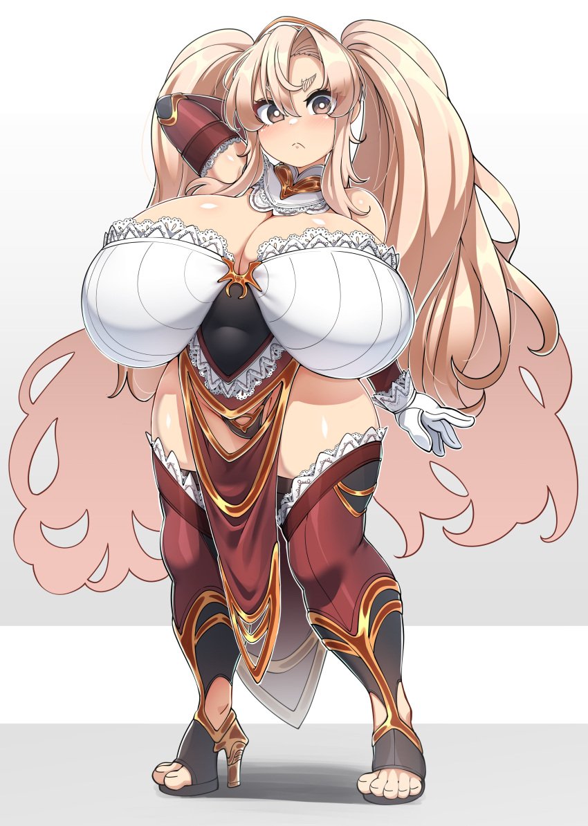 1girls :< absurdres arm_behind_head bangs blonde_hair blush boots breasts brown_eyes cleavage closed_mouth curvy detached_collar dwarf_princess_(konoshige) elbow_gloves female female_only frown full_body gigantic_breasts gloves groin hair_over_shoulder heels highres konoshige_(ryuun) lace long_hair looking_at_viewer open-toe_shoes original panties pelvic_curtain ryuun_(stiil) shiny shiny_hair shiny_skin shortstack sidelocks skindentation solo standing thick_eyebrows thick_thighs thigh_boots thighhighs thighs twintails underwear very_long_hair wide_hips