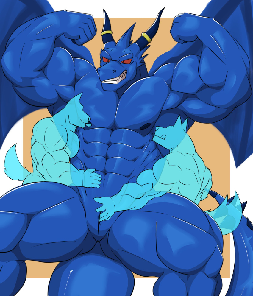 abs anatake anthro balls barazoku bicep_curl biceps big_muscles blue_body blue_dragon_(character) blue_dragon_(series) dragon flexing flexing_bicep genitals group hi_res horn licking lying male muscular muscular_anthro muscular_male muscular_thighs nipples nude pecs pose presenting pupils red_eyes scalie serratus simple_background size_difference slit slit_play slit_pupils smile smirk teeth tongue tongue_out triceps trio wings