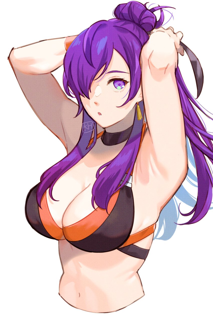 1boy 1girls alternate_costume armpits bangs bikini black_bikini black_swimsuit breasts cleavage earrings female female_only fire_emblem fire_emblem:_three_houses fire_emblem_warriors:_three_hopes hair_bun hair_over_one_eye highres jewelry kh_(tanakananataka) large_breasts looking_at_viewer navel nintendo open_mouth orange_bikini orange_swimsuit ponytail purple_eyes purple_hair shez_(female)_(fire_emblem) shez_(fire_emblem) single_hair_bun solo swimsuit two-tone_bikini upper_body