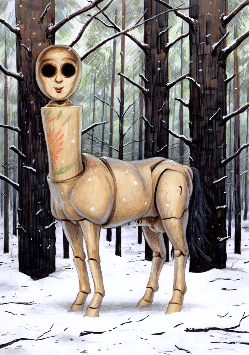 animal_genitalia balls bodypaint creepy creepy_smile distant_star elemental_creature empty_eye_sockets equid equine flora_fauna genitals hi_res horse looking_at_viewer male mammal nightmare_fuel official_art plant sheath smile winter wood wooden