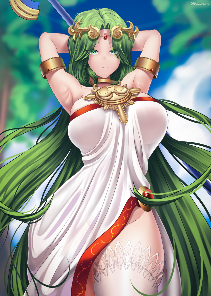 armpits arms_behind_head clothed green_eyes green_hair horny kid_icarus large_breasts looking_at_viewer nintendo palutena rezeharu see-through_clothing tagme thick_thighs wide_hips