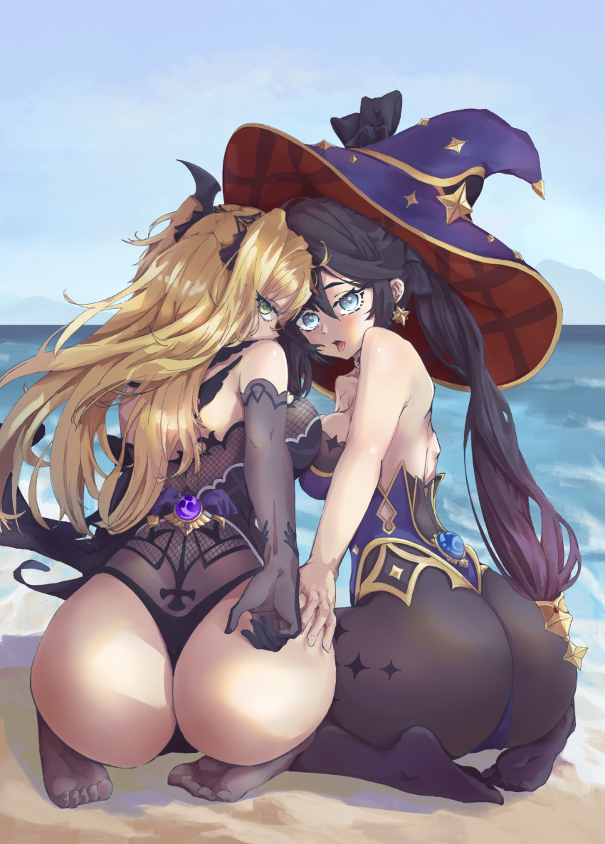 2022 2girls alternate_breast_size artist_request ass ass_focus backboob beach black_hair blonde_hair blue_eyes bodystocking breasts double_ass_focus eyepatch feet feet_in_stockings female female_only fischl_(genshin_impact) genshin_impact green_eyes hair_over_one_eye hat highleg_leotard kneeling large_ass large_breasts large_hat leotard long_hair looking_at_viewer mona_(genshin_impact) outdoors slim_waist thick_thighs thighs twintails witch_hat