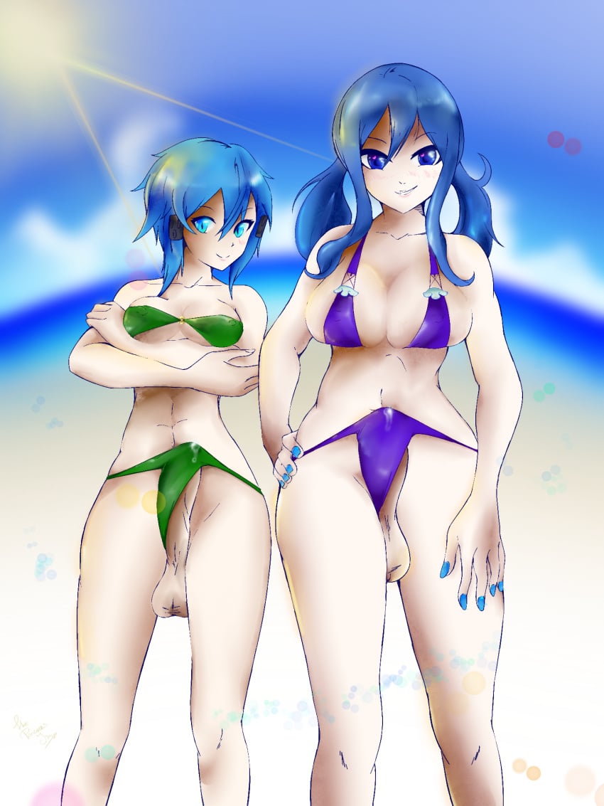 2futas arms_crossed arms_crossed_under_breasts balls barely_visible_genitalia barely_visible_penis beach big_breasts big_penis blue_eyes blue_hair blush clothed clothing crossover duo erection erection_in_bikini erection_under_clothes fairy_tail flatpancakes futa_only futanari hand_on_hips hand_on_leg highres human juvia_lockser large_breasts large_penis light_skin looking_at_viewer low-angle_view medium_breasts mostly_nude muscular_futanari precum_through_clothing pushing_breasts_up self_upload sinon smirk smirking_at_viewer standing sunlight sword_art_online thick_thighs twintails