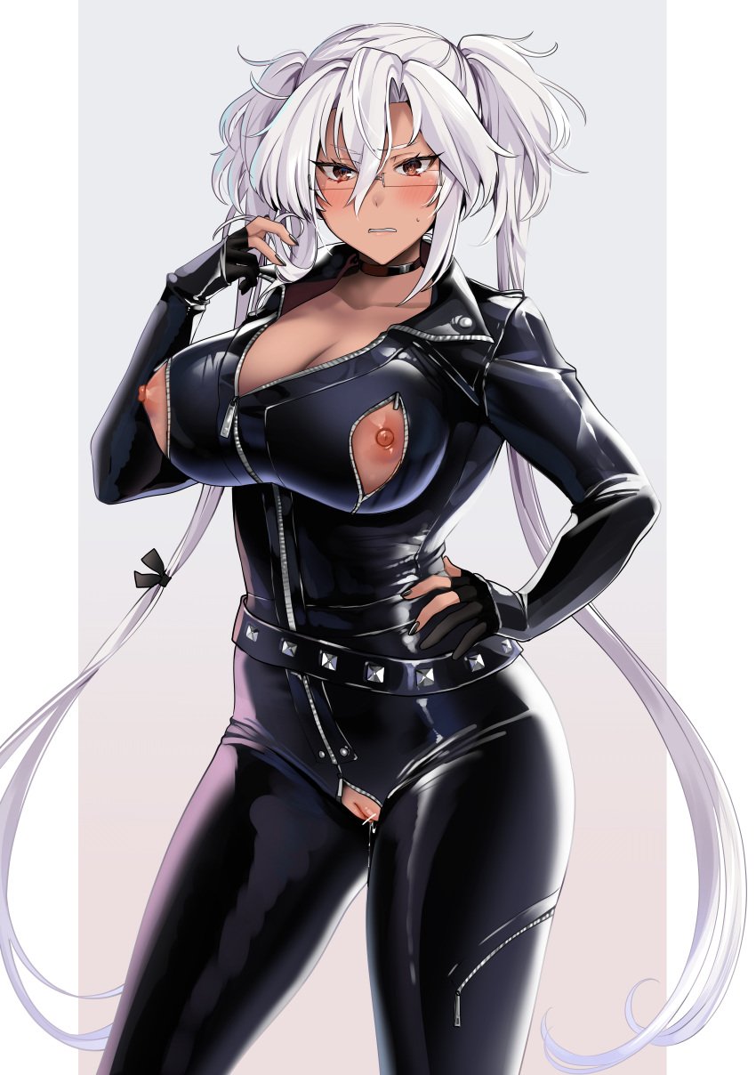 1girls absurd_res big_breasts black_clothing bodysuit breasts choker cleavage collared_dress dark-skinned_female female female_only glasses hi_res kantai_collection latex latex_suit leather long_hair looking_at_viewer musashi_(kantai_collection) nail_polish nipples nipples_visible_through_clothing open_clothes open_zipper pussy pussy_juice red_eyes standing twintails very_long_hair white_hair yunamaro zipper