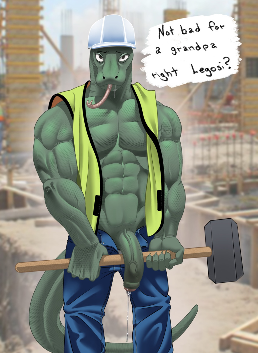 1boy abs anthro biceps exterior foreskin foreskin_folds gosha_(beastars) humanoid_penis intact komodo_dragon male male_only masculine mature_male muscles open_pants partially_retracted_foreskin pecs penis penis_out precum precum_drip scalie semi-erect solo tail triceps tush uncut veiny_penis