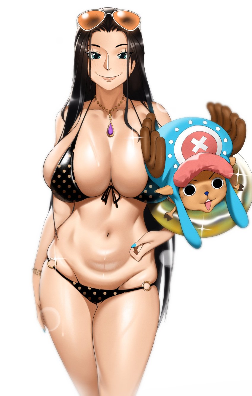 1girls anthro antlers big_breasts big_eyes big_hat bikini black_eyes black_hair blue_fingernails breasts carrying_partner deer female female_only floatie happy holding_person kevbot large_breasts larger_female necklace nico_robin one_piece post-timeskip reindeer skimpy_bikini skindentation slender_legs slim_waist smaller_male solo straight sunglasses sunglasses_on_head surprised_expression tony_tony_chopper