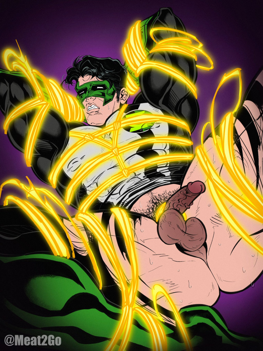 bondage bottomless bound dc dc_comics flaccid flaccid_penis green_lantern green_lantern_(series) justthemeat/meat2go kyle_rayner male male_only masked muscles muscular muscular_male spread_legs spreading tied