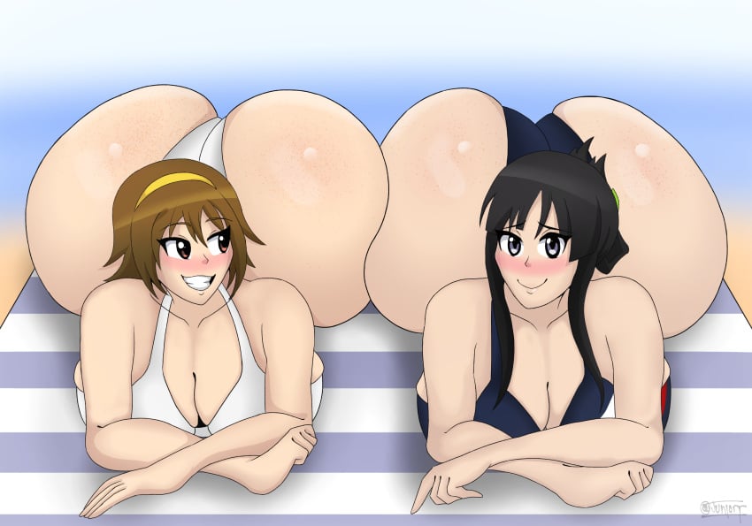 2girls ass beach big_ass big_breasts bikini blush breasts female female_only gigantic_ass huge_ass huge_breasts human junior_art_ k-on! large_ass large_breasts lying lying_down lying_on_stomach mio_akiyama_(k-on!) multiple_girls ritsu_tainaka_(k-on!) shy smile smiling swimsuit