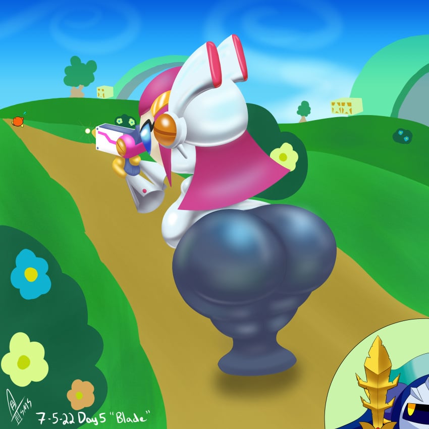 2022 alien_girl ass ass_focus back_view big_ass big_breasts blue_eyes breasts bubble_butt female female_focus floating_hands galaxia_(kirby) gun h.w.c._blaster helmet huge_ass kirby_(series) kirby_planet_robobot kirby_star_allies large_breasts meta_knight nintendo pink_hair sideboob supermoonshroom susanna_patrya_haltmann susie_(kirby) sword text waddle_dee watermark weapon