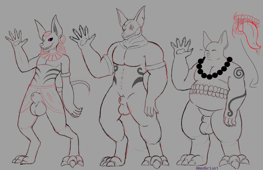 anthro anubian_jackal big_balls brothers canine_penis character_sheet claws fat_man jewelry kumaviruss male male_only memory_of_truth monochrome multiple_boys muscular_male naked pink_eyes prince_ishaq prince_raed prince_tai sketch skinny_male stomach_mouth tattoo