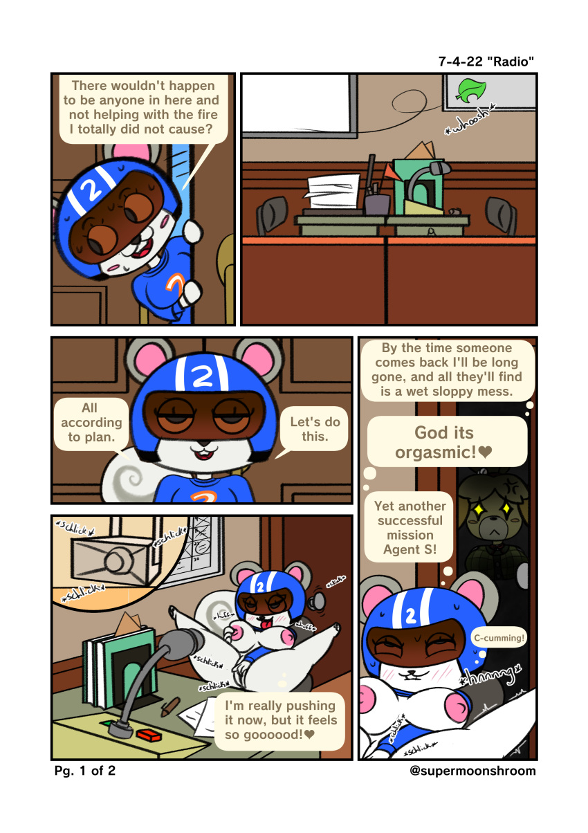 1girls 2022 agent_s_(animal_crossing) animal_crossing anthro background_character big_breasts blue_clothing blush breasts buckteeth cartoony comic comic_page dialogue english_text exhibitionism female female_only fondling furry furry_only helmet isabelle_(animal_crossing) legs_apart legs_up masturbation nintendo nipples page_1 pussy sound_effects squirrel supermoonshroom tail text thighs tongue tongue_out twitter_username vagina vaginal_masturbation video_games visor watermark white_fur