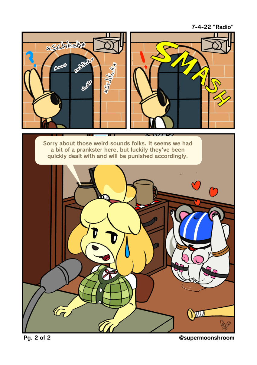 2022 agent_s_(animal_crossing) animal_crossing anthro big_breasts bondage breasts breasts_on_table canine coco_(animal_crossing) comic comic_page dialogue english_text exhibitionism female female_only furry furry_only gag heart helmet isabelle_(animal_crossing) legs_over_head legs_tied legs_up nintendo nipples page_2 pussy pussy_juice rabbit rope sex_toy sound_effects squirrel supermoonshroom sweatdrop tail text tied tied_hands tied_up twitter_username vagina vaginal_object_insertion vibrator vibrator_in_pussy video_games visor watermark white_fur yellow_fur