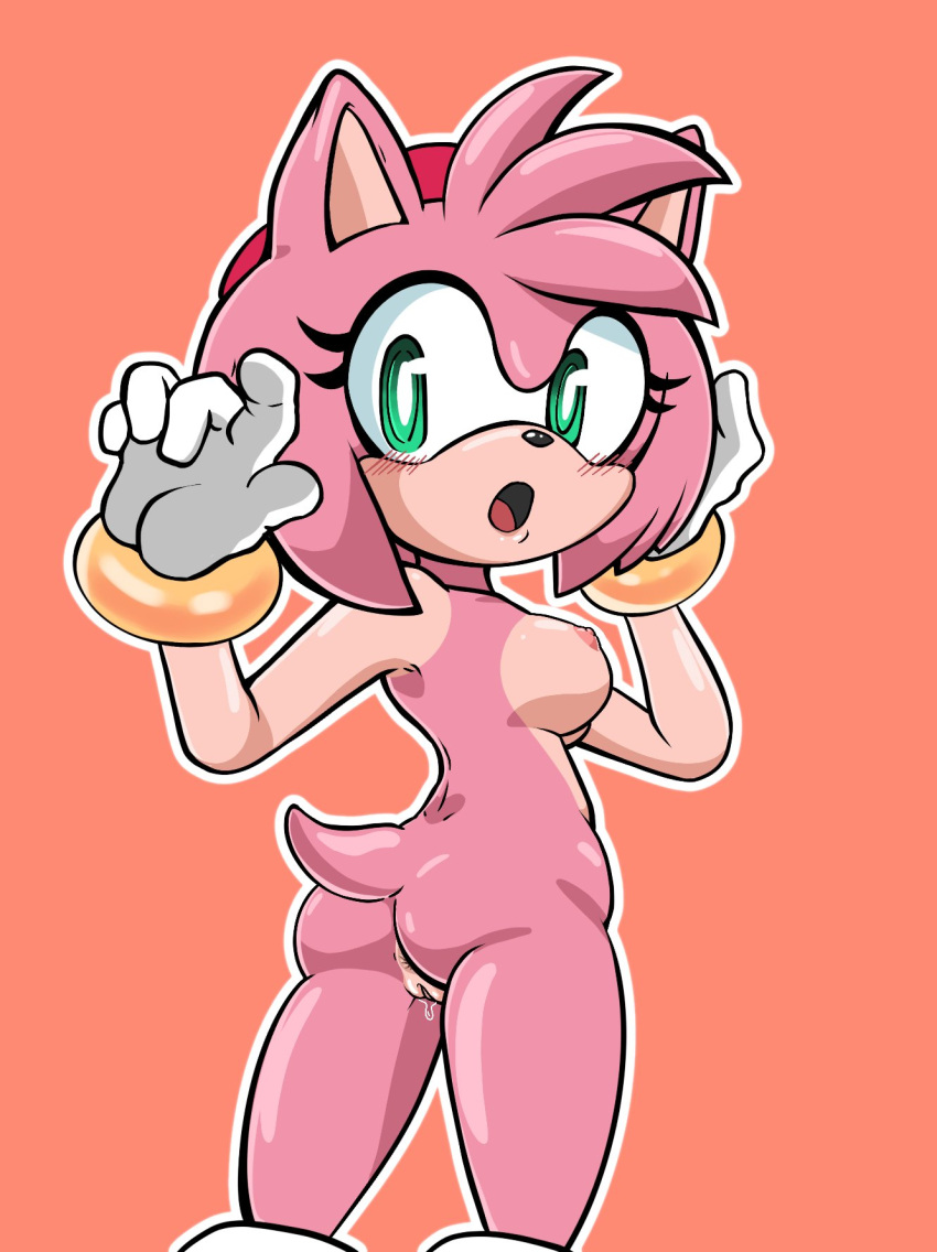 1girls amy_rose dripping_pussy female hedgehog leaking_pussy nixtnya pink_fur pink_hair small_breasts solo sonic_(series) surprised wet