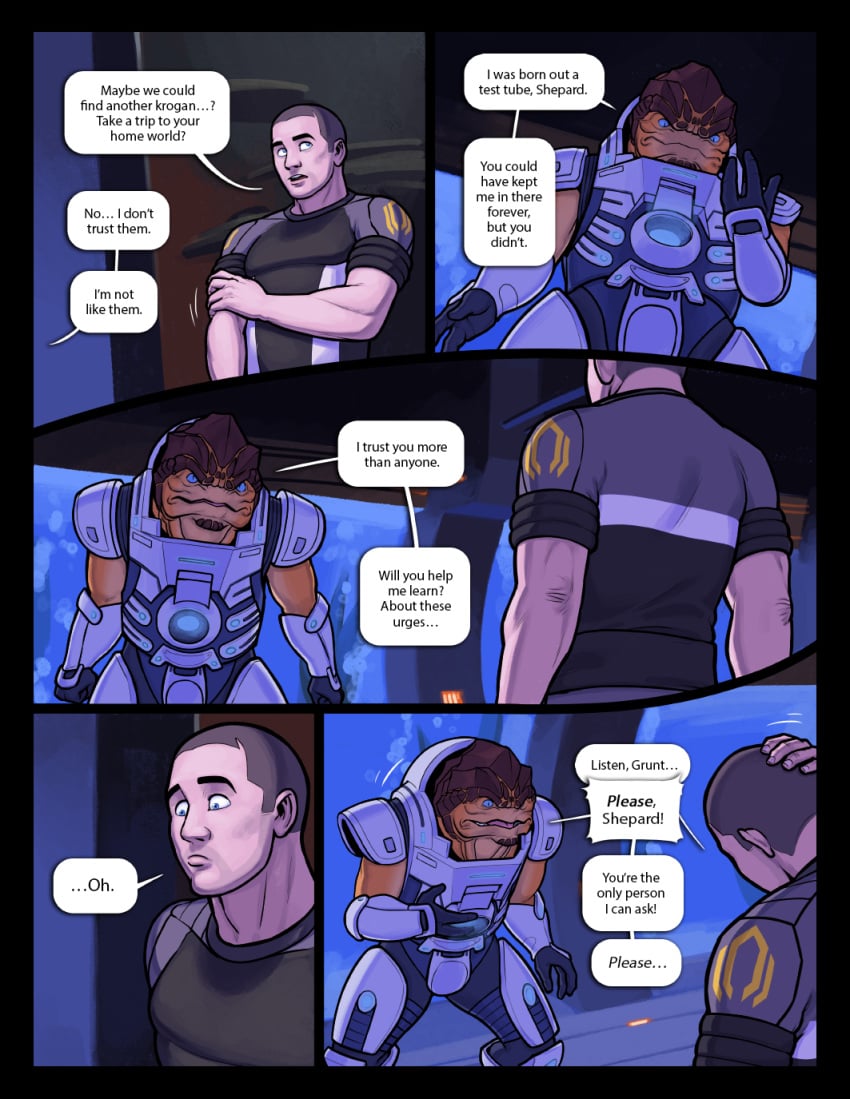 2boys alien armor begging comic drunk english_text gay human krogan looking_at_partner male male/male male_only mass_effect meesh nervous rite_of_assage shepard soldier tagme text thrusting uncomfortable yaoi