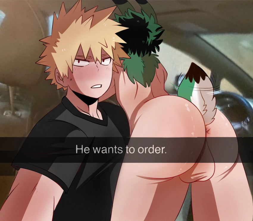 2boys animal_humanoid anus ass backsack balls black_clothing black_shirt black_topwear blonde_hair blush car clothed clothing countershade_tail countershading dekuwus duo fur gay genitals hair he_wants_to_order human humanoid inside_car izuku_midoriya katsuki_bakugou lagomorph lagomorph_humanoid leporid_humanoid male mammal mammal_humanoid meme my_hero_academia nude rabbit_humanoid scut_tail shirt short_tail topwear vehicle yaoi