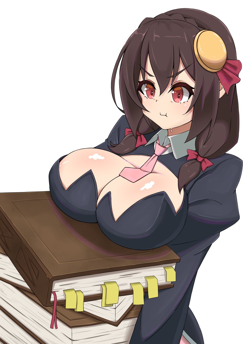 1girls big_breasts book breasts brown_hair clothed female kono_subarashii_sekai_ni_shukufuku_wo! red_eyes solo tagme toukaaa upper_body white_background yunyun_(konosuba)