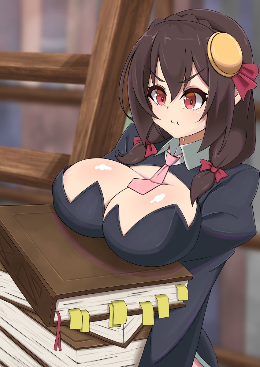 1girls big_breasts book breasts brown_hair clothed female kono_subarashii_sekai_ni_shukufuku_wo! red_eyes solo tagme toukaaa upper_body yunyun_(konosuba)