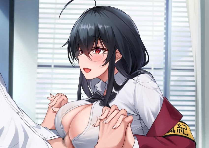 1boy 1girls ahoge armband azur_lane black_bow black_bowtie black_hair blush bow bowtie bra female glasses hand_holding holding_hands huge_breasts kai_yuzuki light-skinned_female light-skinned_male light_skin long_hair off_shoulder official_alternate_costume paizuri paizuri_under_clothes red_eyes school_uniform shirt smile straight taihou_(azur_lane) taihou_(sweet_time_after_school)_(azur_lane) underwear white_bra white_shirt wholesome