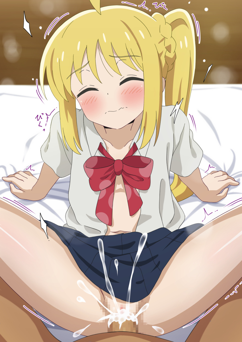 1boy ahoge arm_support blonde_hair blush bocchi_the_rock! bow bowtie censored closed_eyes closed_mouth cum cum_in_pussy cum_inside dbmaster ejaculation female highres ijichi_nijika long_hair mosaic_censoring open_clothes open_shirt overflow penis pussy red_bow red_bowtie sex shirt side_ponytail sitting skirt solo_focus straight vaginal_penetration wavy_mouth white_shirt