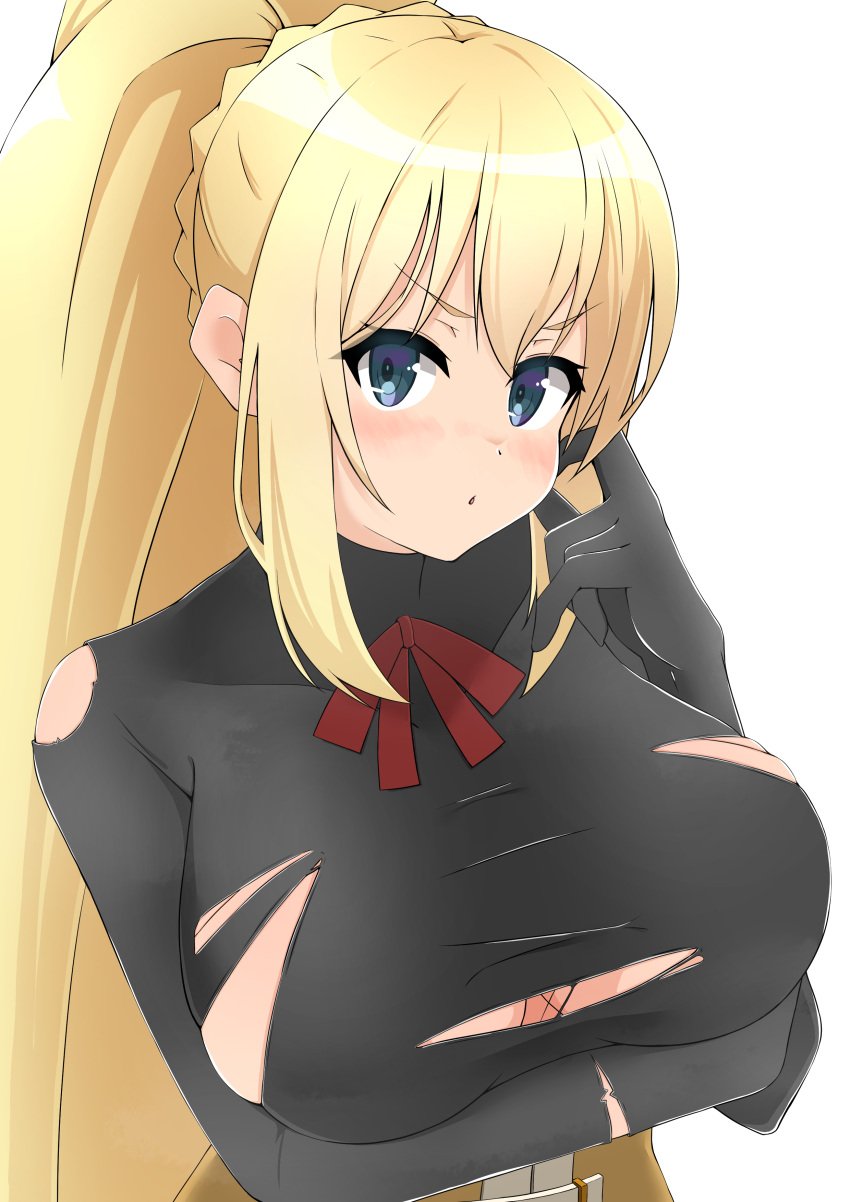 1girls big_breasts blonde_hair blue_eyes blush breasts darkness_(konosuba) female kono_subarashii_sekai_ni_shukufuku_wo! long_hair looking_at_viewer ponytail solo tagme torn_clothes toukaaa upper_body