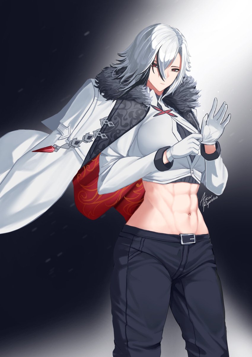 +_+ abs adjusting_clothes adjusting_gloves arlecchino_(genshin_impact) black_background black_eyes black_hair black_pants coat coat_on_shoulders crop_top cropped_jacket denim denim_bottomwear denim_clothing denim_jeans female fur-trimmed_coat fur_trim genshin_impact gloves hair_between_eyes highres jacket jeans long_sleeves medium_hair midriff multicolored_hair pants ryo_(ryo_artys) solo streaked_hair symbol-shaped_pupils two-tone_hair white_coat white_gloves white_hair white_jacket x-shaped_pupils