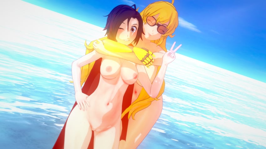 2girls 3d casual eyewear female human muffin_fox9 nude outerwear pale_skin ruby_rose rwby yang_xiao_long