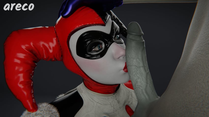 1boy 1girls 3d 3d_(artwork) areco batman:_arkham_knight batman_(series) blue_eyes clothed_female_nude_male clown clown_girl dc dc_comics fellatio gloves grey_skin harley_quinn harley_quinn_(arkham) harley_quinn_(arkham_knight) harley_quinn_(classic) holding_head huge_cock joker kissing kissing_penis light-skinned_female looking_at_penis makeup mask netherrealm_studios oral oral_sex red_lipstick the_joker veiny_penis