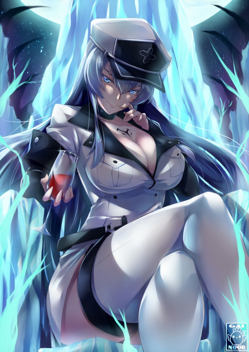 1girls 2022 2d adult adult_female akame_ga_kill! alcohol artist_logo artist_name artist_signature aura big_breasts big_cleavage blue_eyes blue_hair breasts cap chest_tattoo cleavage clothed_female clothing cryokinesis dominant dominant_female esdeath_(akame_ga_kill!) fair-skinned_female fair_skin female female_focus female_only fully_clothed gainoob hat head_tilt holding_object human human_female human_only ice light-skinned_female light_skin long_hair looking_at_viewer moon moonlight night night_sky no_sex offering_drink offering_to_viewer pale-skinned_female pale_skin realistic_breast_size realistic_proportions skirt solo solo_female star stars straight_hair tattoo thick_thighs thighhighs thighs villain villainess wine wine_glass