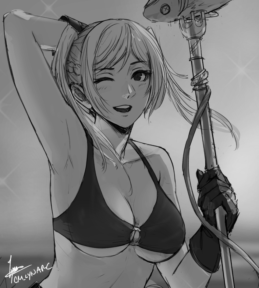 1girls alternate_costume arm_up armpits bikini breasts cleavage cm_lynarc collarbone cute female female_only fire_emblem fire_emblem_awakening fire_emblem_heroes fish fishing gloves hand_behind_head holding_object holding_trident long_hair looking_at_viewer medium_breasts nintendo o-ring o-ring_bikini official_alternate_costume robin_(female)_(summer)_(fire_emblem) robin_(fire_emblem) robin_(fire_emblem)_(female) smile smiling_at_viewer solo solo_female swimsuit trident twintails wink winking_at_viewer