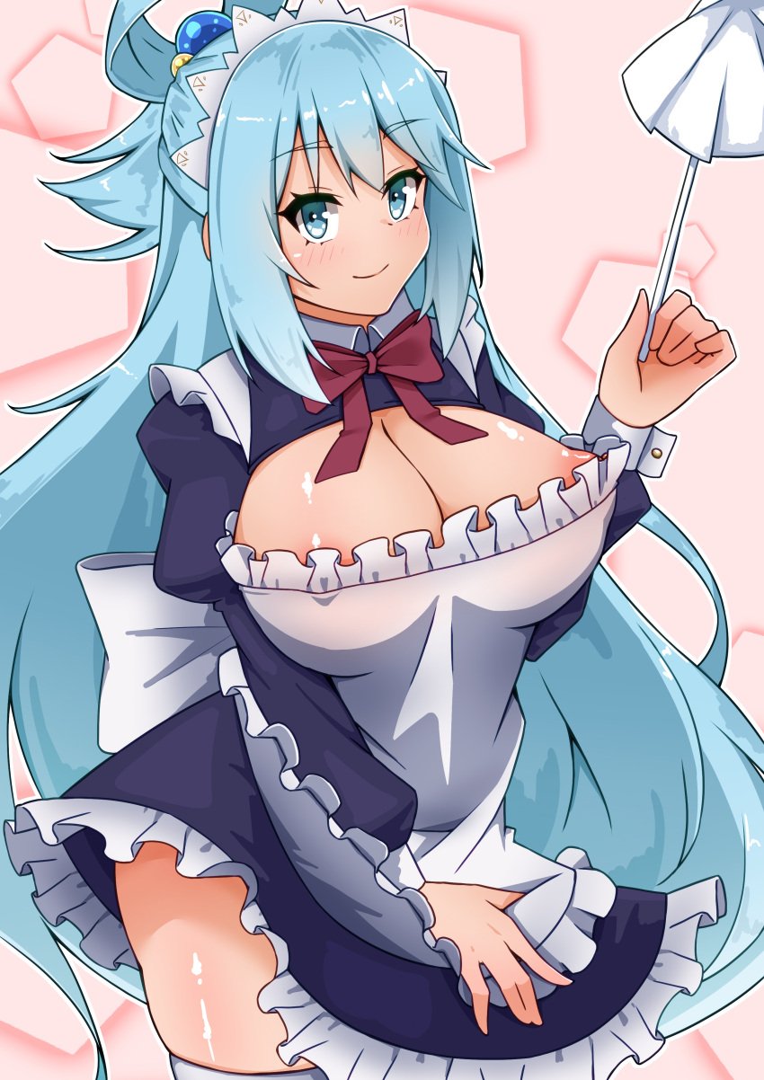 1girls aqua_(konosuba) areolae big_breasts breasts dress female kono_subarashii_sekai_ni_shukufuku_wo! long_hair maid maid_headdress maid_uniform nipples no_bra ponytail skirt smile solo solo_female solo_focus tagme toukaaa very_long_hair