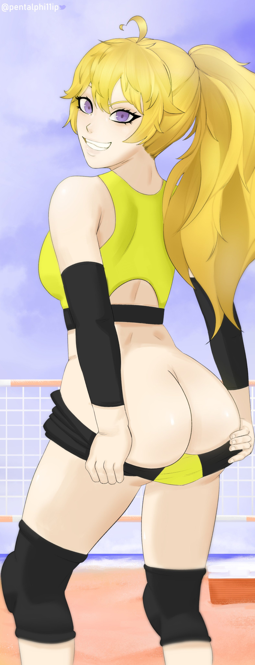 1girls blonde_hair gym_clothing lavender_eyes pentalphi11ip rwby yang_xiao_long