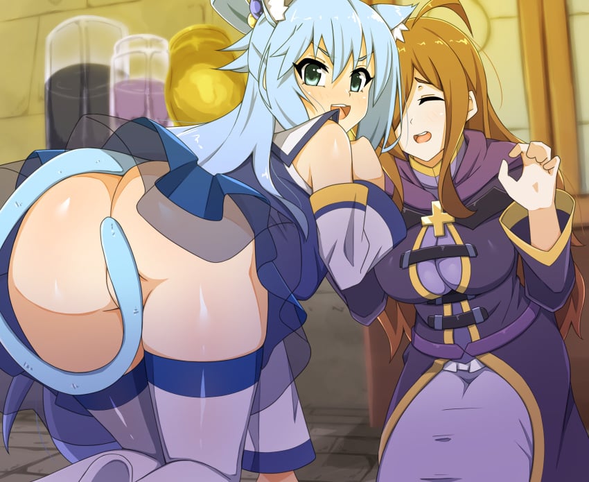 2girls aqua_(konosuba) aqua_eyes aqua_hair ass big_ass bottomless brown_hair cat_ears cat_tail catgirl convenient_censoring covering covering_crotch duo female female_only kemonomimi kono_subarashii_sekai_ni_shukufuku_wo! no_panties tagme tail tail_covering_privates thighhighs toukaaa wiz_(konosuba)