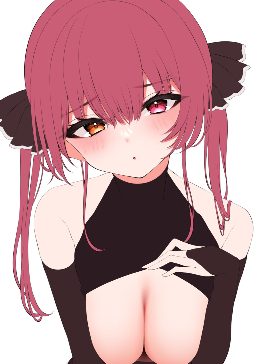 big_breasts blush blushing breasts different_eye_color exposed_shoulders heterochromia hololive hololive_fantasy hololive_japan houshou_marine large_breasts namagome_negi pirate red_eyes red_hair revealing_breasts revealing_clothes shoulders tied_hair virtual_youtuber vtuber yellow_eyes