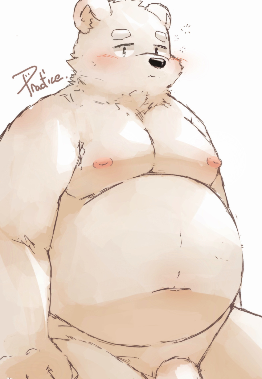 10_cosmo_24 2022 anthro belly big_belly black_nose blush genitals hi_res kemono male mammal moobs navel nipples overweight overweight_male penis polar_bear simple_background solo ursid ursine white_background