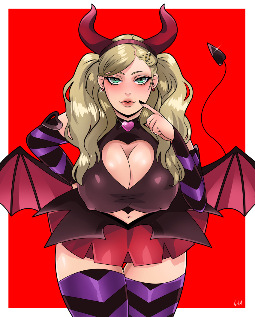 1girls 2d ann_takamaki atlus big_breasts blonde_hair blue_eyes blush breasts cleavage cleavage_cutout cosplay costume demon demon_girl demon_horns demon_tail erect_nipples female female_only ghostlessm light-skinned_female persona persona_5 succubus thick_thighs wide_hips