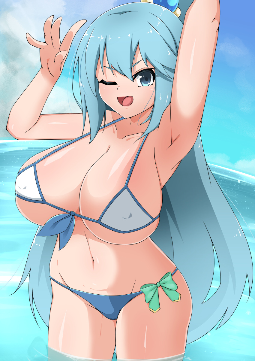 1girls aqua_(konosuba) beach big_breasts bikini breasts cleavage female kono_subarashii_sekai_ni_shukufuku_wo! solo swimsuit tagme toukaaa