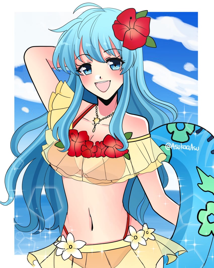 1girls :d alternate_costume aqua_eyes aqua_hair arm_behind_head asukaaasuu bangs bare_shoulders bikini blue_sky breasts cleavage cloud eirika_(fire_emblem) eirika_(summer)_(fire_emblem) female female_only fire_emblem fire_emblem:_the_sacred_stones fire_emblem_heroes flower hair_flower hair_ornament highres holding holding_innertube innertube jewelry layered_bikini looking_at_viewer navel necklace nintendo official_alternate_costume open_mouth red_bikini red_swimsuit see-through sky smile solo swimsuit teeth twitter_username two-tone_bikini upper_teeth yellow_bikini yellow_swimsuit