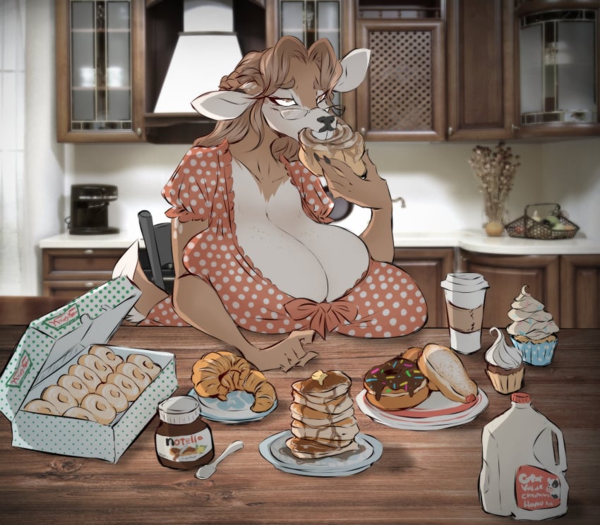 2d anthro big_breasts box_of_donuts breasts buckteeth bulging cleavage clothing deer donut dullvivid eating female fiona_fawnbags_(dullvivid) food fur furry huge_breasts large_breasts original solo tail