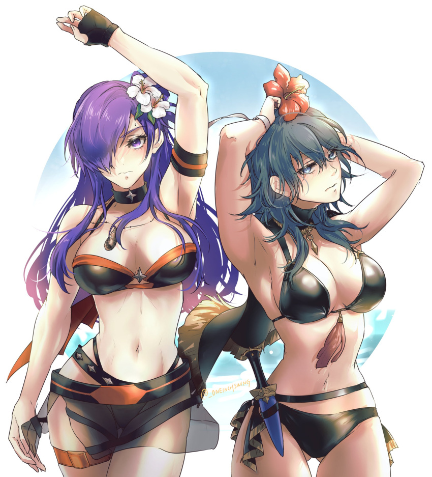 2girls 3: absurdres alternate_costume arm_up armband armpits ass_visible_through_thighs bare_arms bare_shoulders belt bikini black_belt black_bikini black_choker black_swimsuit blue_eyes blue_hair byleth_(fire_emblem) byleth_(fire_emblem)_(female) choker commentary_request cowboy_shot dagger female female_only fire_emblem fire_emblem:_three_houses fire_emblem_heroes fire_emblem_warriors:_three_hopes flower hair_flower hair_ornament hibiscus highres knife long_hair looking_at_viewer multiple_girls navel nintendo official_alternate_costume purple_eyes purple_hair red_flower shez_(female)_(fire_emblem) shez_(fire_emblem) standing stomach swimsuit thighs umi_(_oneinchswing) very_long_hair weapon white_flower