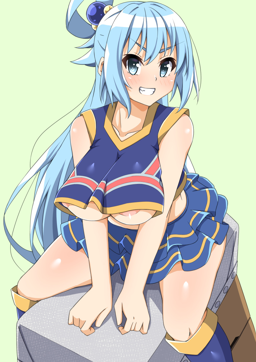 1girls alternate_costume aqua_(konosuba) aqua_eyes aqua_hair areola_slip areolae blush boots cheerleader cheerleader_uniform female kono_subarashii_sekai_ni_shukufuku_wo! light-skinned_female long_hair no_bra ponytail skirt smile smiling_at_viewer solo tagme toukaaa underboob