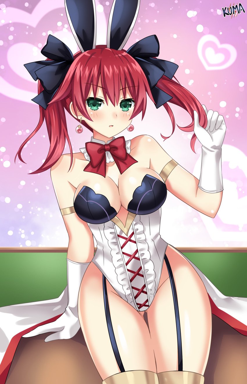 1girls ass_visible_through_thighs big_breasts black_ribbon bowtie breasts bunny_suit cave_(neptunia) cleavage clothed clothes earrings eyebrows_visible_through_hair female female female_only garter_straps gloves green_eyes hair hair_ribbon large_breasts lewdkuma light-skinned_female light_skin looking_at_viewer medium_breasts neptunia_(series) pale-skinned_female pale_skin partially_clothed pose red_hair ribbon ribbons sitting skimpy skimpy_clothes solo solo_female stockings thighs video_games white_clothing